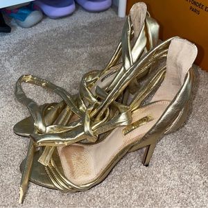 TOPSHOP Gold Faux Leather Lace Up Open Toe Heels